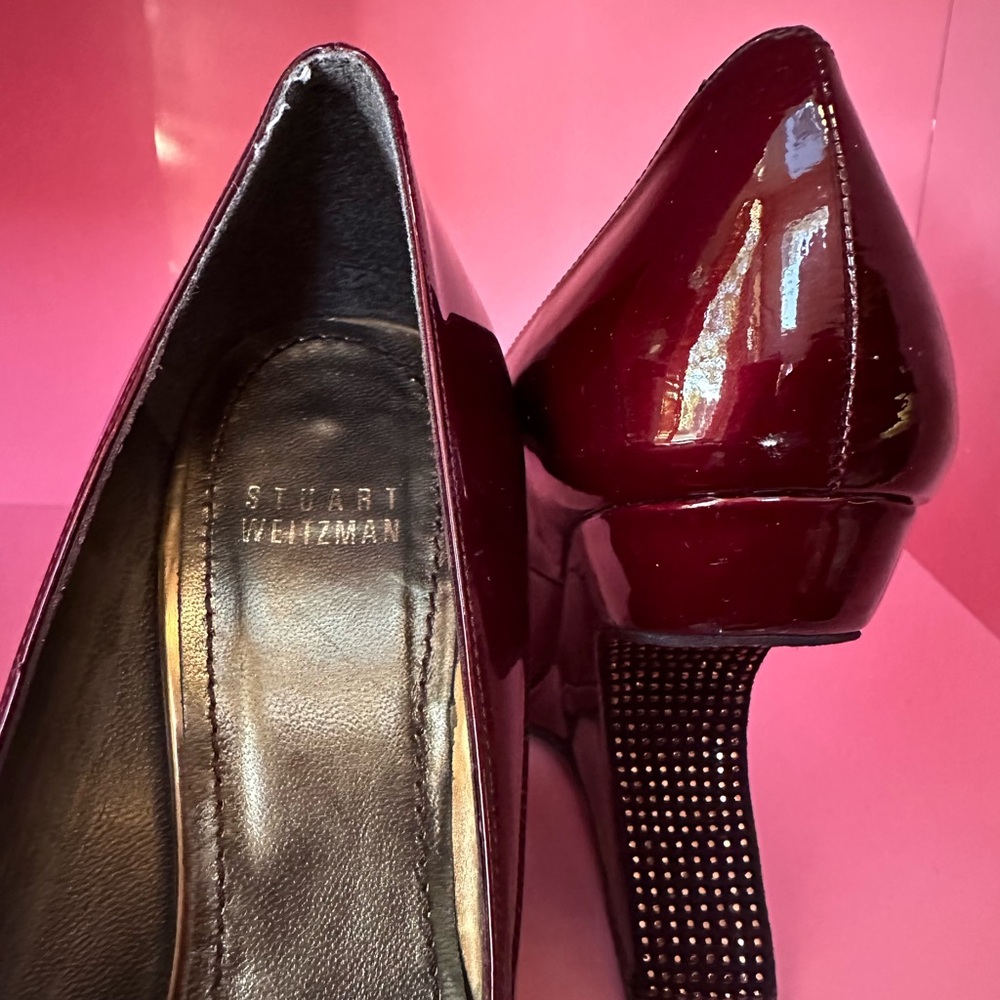 Stuart Weitzman Maroon Patent Leather Wedge Rhinestone Heels - Picture 6 of 10